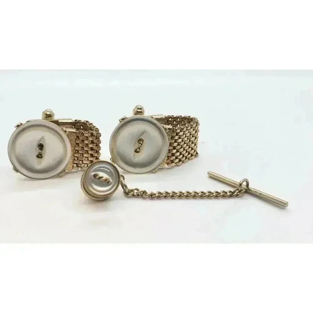 Vintage Hickok CuffLink Tie Tack Set Gold Mesh Wrap around MCM 60s Button Accent